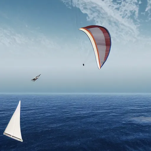 Prompt: a hang glider flying towards a sailboat floating in the atmosphere of jupiter photorealistic