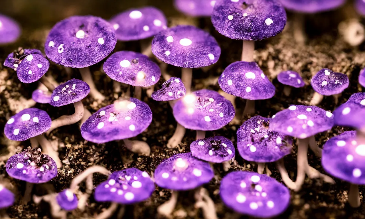 Prompt: a macro shot of bioluminescent mushrooms mushrooms, dof, 4k, bokeh, acid pixie acid pixie, mystic hues