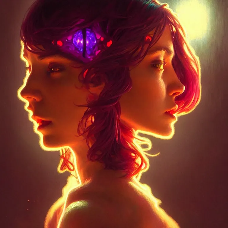 Image similar to bright asthetic portrait LSD glowing backlit, fantasy, intricate, elegant, dramatic lighting, highly detailed, lifelike, photorealistic, digital painting, artstation, illustration, concept art, smooth, sharp focus, art by John Collier and Albert Aublet and Krenz Cushart and Artem Demura and Alphonse Mucha