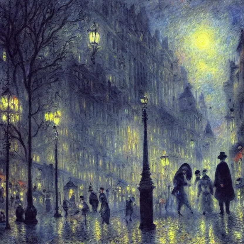 Prompt: beautiful painting of old London street scene spooky dark fog in the moonlight fantasy renoir impressionist style