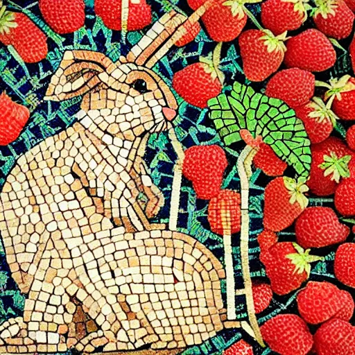 Image similar to a rabbit eating raspberries in the style of ancient mosaic