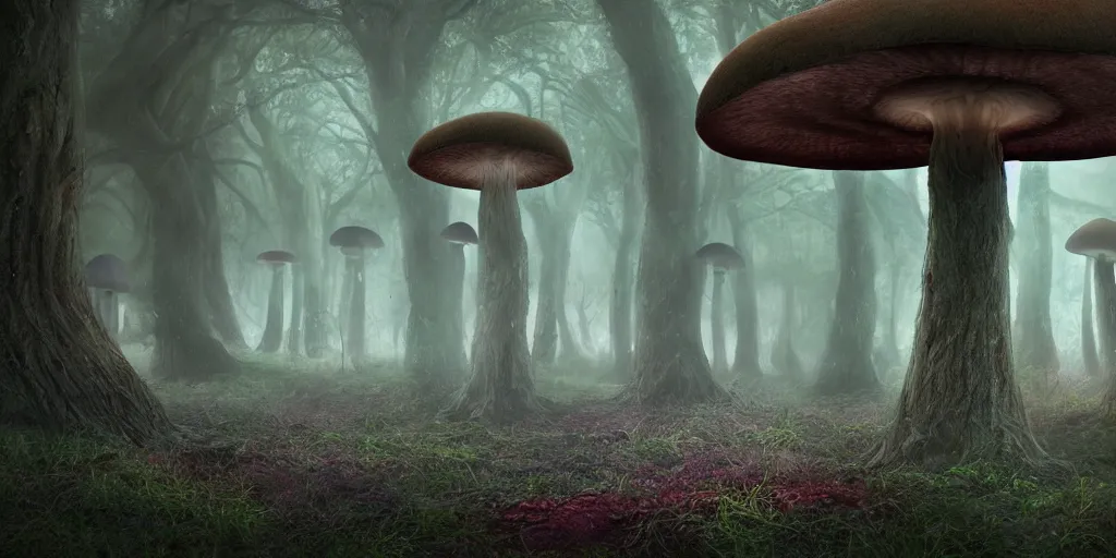 Image similar to a dark gloomy foggy fantasy mushroom forest with a portal to an alternate dimension, high quality rendering, digital art