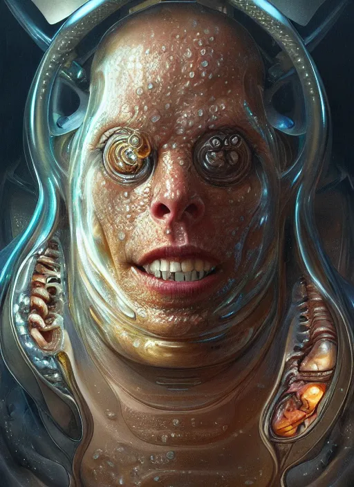 Image similar to elon musk as mollusk, slime, drool, portrait, intricate, elegant, highly detailed, digital painting, artstation, concept art, wallpaper, smooth, sharp focus, illustration, art by h. r. giger and artgerm and greg rutkowski and alphonse mucha