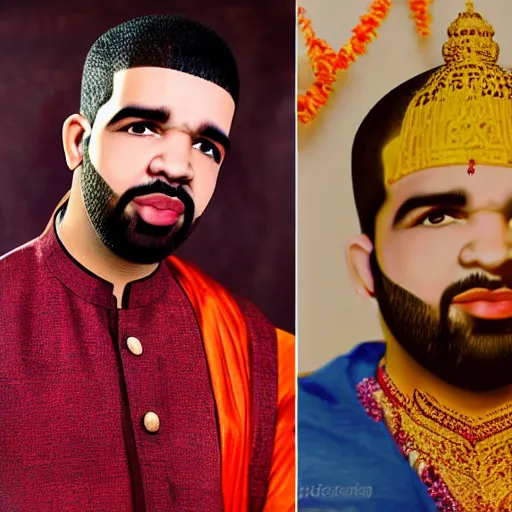 Image similar to photograph, wearing a kurta, standing in a hindu kovil, photograph of drake the rapper's face, realistic lighting