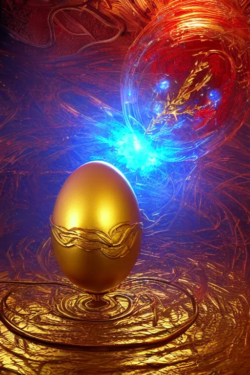 Prompt: a detailed glowing egg with swirls of red and blue emerging from the blossom of a metallic gold flower with tendrils of gold wrapping around the egg, a rose made out of silver and gold with an egg inside, fantasy concept art, unreal engine 5, volumetric lighting, trending on artstation