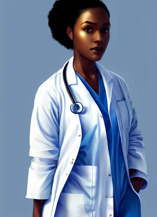 Image similar to half body portrait of young black woman as a doctor, blue scrubs and white coat, intricate, beautiful and elegant, highly detailed, digital painting, artstation, concept art, smooth, sharp focus, illustration, art by wlop, mars ravelo and greg rutkowski