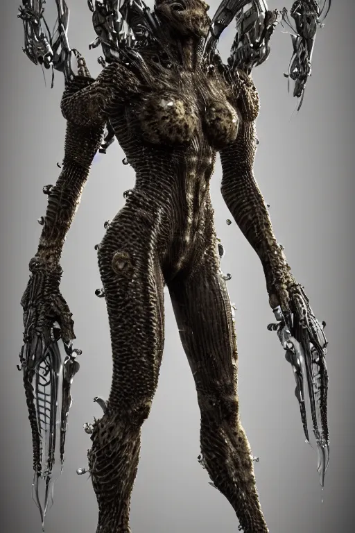 Prompt: skin concept costume, in full growth, biopunk, predator, trypophobia, many details, crystals, guyver style, 3 d, gods, cinematic, hyper realism, high detail, octane render, art by hans giger