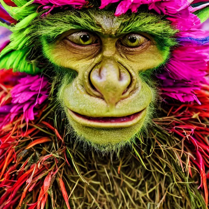 Image similar to closeup portrait of a green-horned goblin wearing a hooded cloak made of zinnias and rainbows, in an empty field, by Annie Leibovitz and Steve McCurry, natural light, detailed face, CANON Eos C300, ƒ1.8, 35mm, 8K, medium-format print