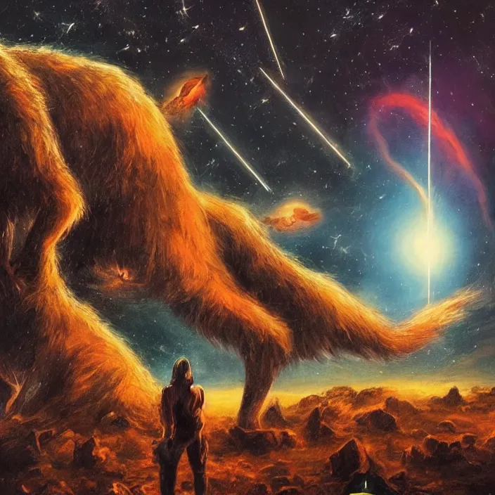 Image similar to cinematic humans praying to a giant cat god while there is a meteor shower that threatens to extinguish the world, dramatic pose, beautiful lighting, sharp details, hyper - detailed, hd, hdr, 4 k, 8 k, art by basil gogos