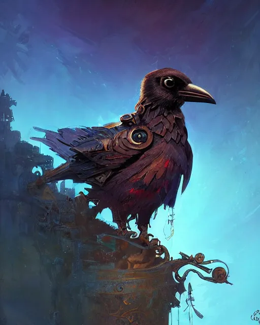 Prompt: a close - up stunning fantasy scene of an adorable steampunk crow | highly detailed | very intricate | disney | magic the gathering | steampunk | dramatic romantic epic breathtaking whimsical magical | professional cinematic lighting | award - winning | painted by marc simonetti and anton fadeev and paul lehr and rhads and alena aenami | pastel color palette | featured on artstation