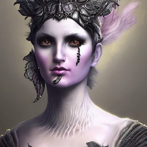 Image similar to tom bagshaw, soft painting fractal curiosities carnival fur, very beautiful female tigress mutation in full nightshade gothic armor, accurate features, focus, very intricate ultrafine details, black white purple volumetric clouds, award winning masterpiece, octane render 8 k hd