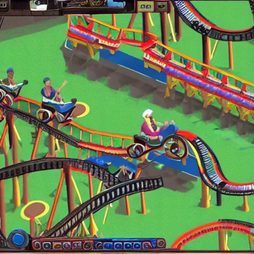 Image similar to alfred e. neumann rides in roller coaster tycoon