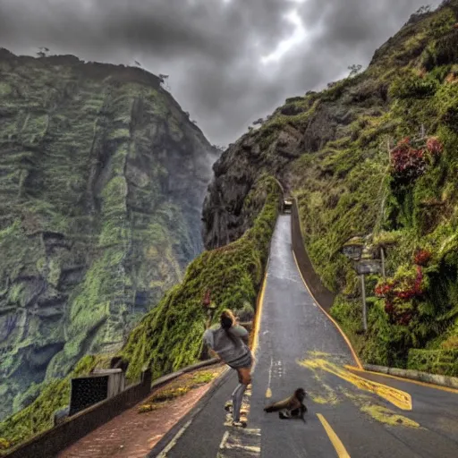 Prompt: king kong walking over madeira island in funchal city, trampled, cinematic shot, realistic, hdr, color, wide shot, gigantic