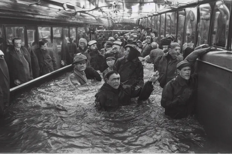 Prompt: Almost completely flooded metro wagon. Photo from inside the wagon, in the center of the frame stands one calm man up to his chest in water and looks at the camera. Warm lighting, old color photo, USSR, extremely detailed, 8k, vintage color
