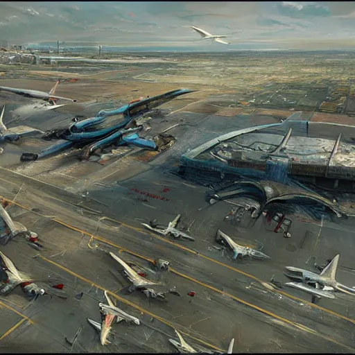 Image similar to concept art, bird's - eye view from airport, high resolution, by james gurney, greg rutkowski, john howe, artstation