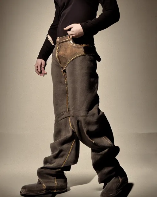 Image similar to an award - winning photo of an ancient male model wearing a plain boot cut flared distressed medieval designer menswear trousers designed by kapital, 4 k, studio lighting, wide angle lens, 2 0 0 4