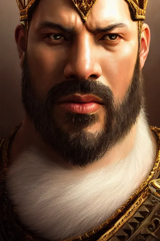 Image similar to a portrait of a powerful king, wide angle, super highly detailed, professional digital painting, artstation, concept art, smooth, sharp focus, no blur, no dof, extreme illustration, Unreal Engine 5, Photorealism, HD quality, 8k resolution, cinema 4d, 3D, beautiful, cinematic, art by artgerm and greg rutkowski and alphonse mucha and loish and WLOP