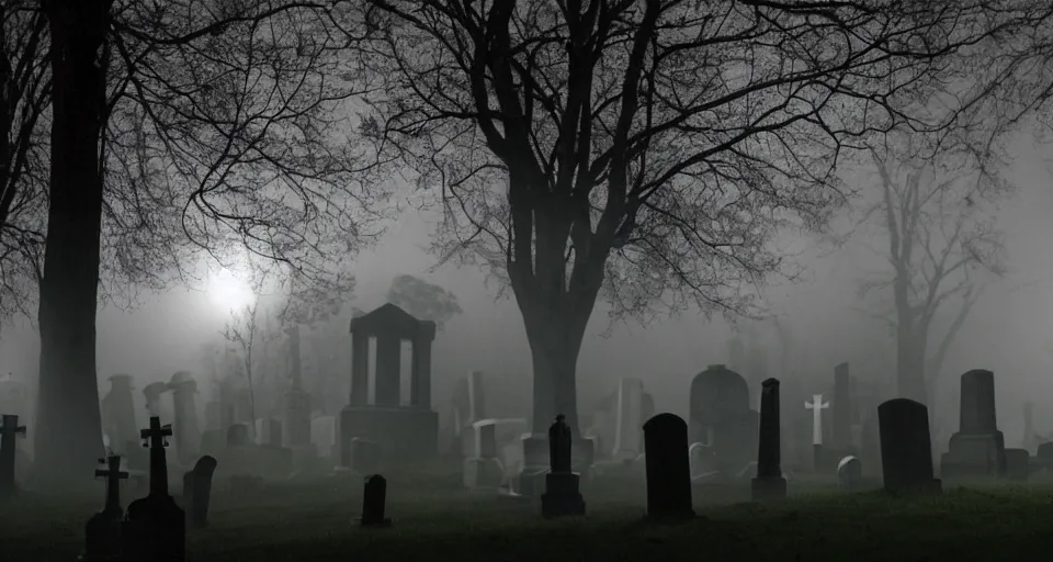 Image similar to Cinematic still of creepy cemetery by the river thames at night, thick mist fills the ground, directed by Wes Craven