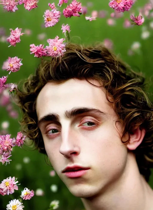 Image similar to Kodak Portra 400, 8K,ARTSTATION, Caroline Gariba, soft light, volumetric lighting, highly detailed, britt marling style 3/4 , extreme Close-up portrait photography of a Timothee Chalamet hiding in flowers how pre-Raphaelites with his eyes closed,inspired by Ophelia paint, his face is under water Pamukkale, face above water in soapy bath tub, hair are intricate with highly detailed realistic , Realistic, Refined, Highly Detailed, interstellar outdoor soft pastel lighting colors scheme, outdoor fine photography, Hyper realistic, photo realistic