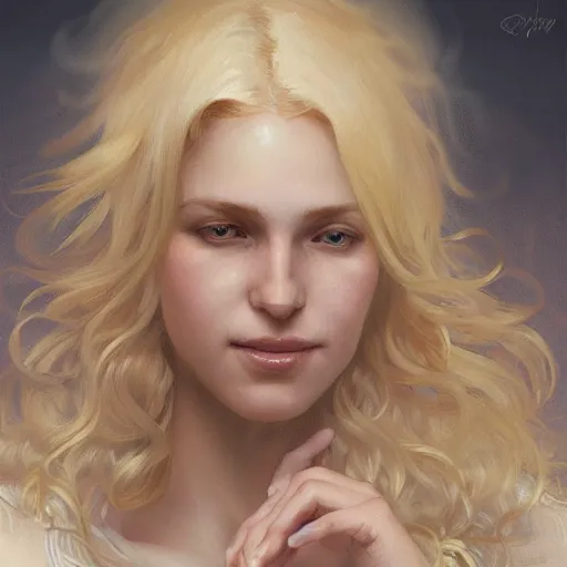 Image similar to A pregnant blond woman with closed eyes smiling, very detailed face, long fluffy curly blond hair, light blond hair, gorgeous, beautiful, intricate, highly detailed, digital painting, artstation, concept art, sharp focus, illustration, art by greg rutkowski and alphonse mucha