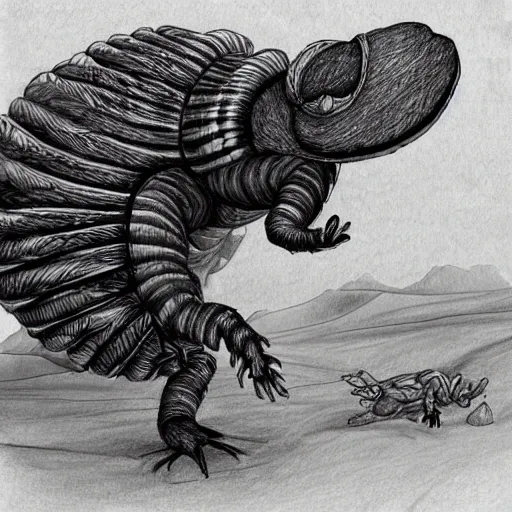 Prompt: fantasy drawing of a giant armadillio - like creature in the desert