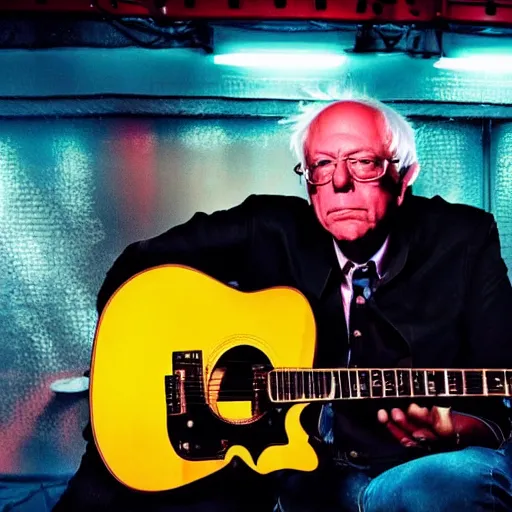 Image similar to Bernie Sanders as a famous rock musician with lots of saturated neon lights, studio photograph for his new hair metal album