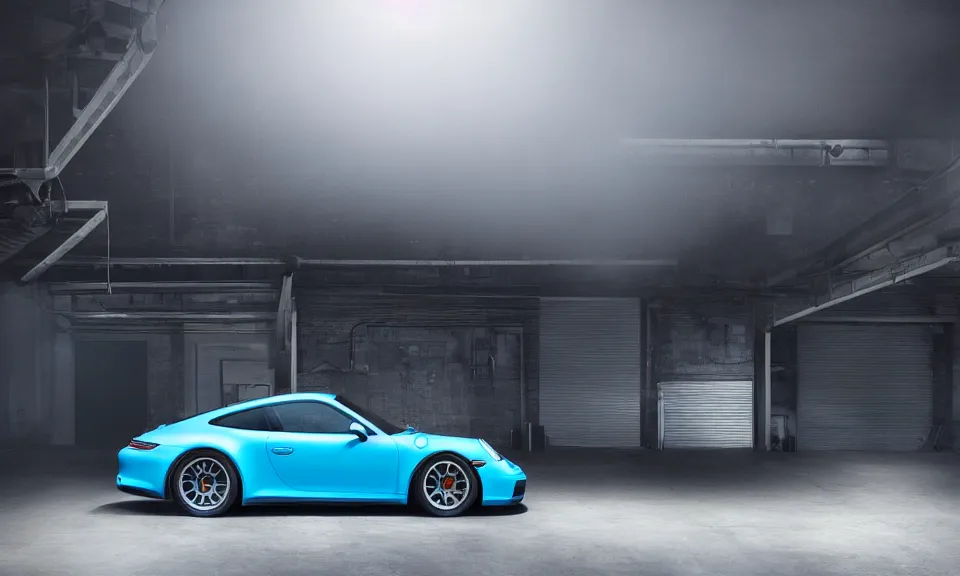 Image similar to photograph of a blue porsche 911 standing in a garage, centered, mist, volumetric light, cinematic lighting, octane render, 4k, ultra realistic, reflections, cinematic