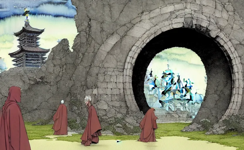 Image similar to a hyperrealist watercolour concept art of a dimensional time portal in the shape of a ruined arch. a medieval monk in grey robes is in the foreground. a japanese temple is in the background. very muted colors, post grunge, by rebecca guay, michael kaluta, charles vess and jean moebius giraud. high detail, hq, wide shot, 4 k