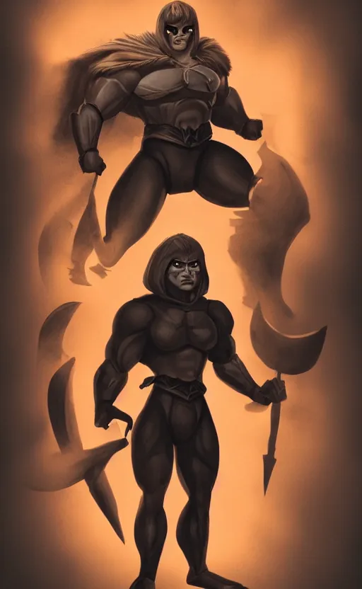 Prompt: Full body centered uncut character pose of mysterious-eerie-ominous He-Man, dark grey shadowy smokey background, atmospheric, cinematic, Epic, ultra-detailed, sharp focus, colored illustration