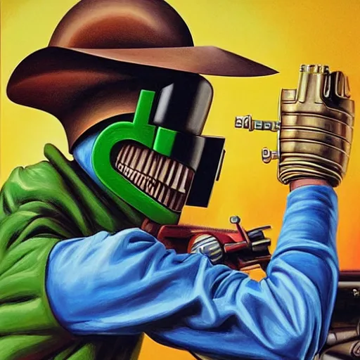 Image similar to beautiful lifelike painting of mf doom sets phaser to stun, hyperreal detailed facial features and uv lighting, art by ed roth and basil wolverton