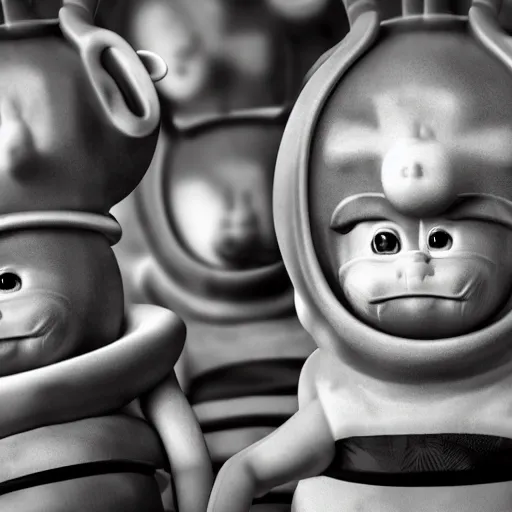 Image similar to black and white distorted Teletubbies with wide open human realistic eyes, highly detailed, sharp focus, octane render