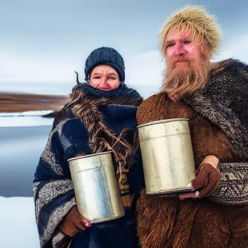 Prompt: a highly detailed portrait of a couple holding a tin can, remote icelandic village, blonde hair, trending on artstation,