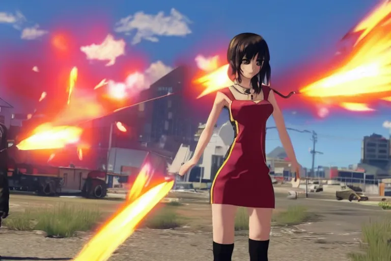 Image similar to Megumin in GTA V casts explosion, PhotoRealistic San Andreas ENB