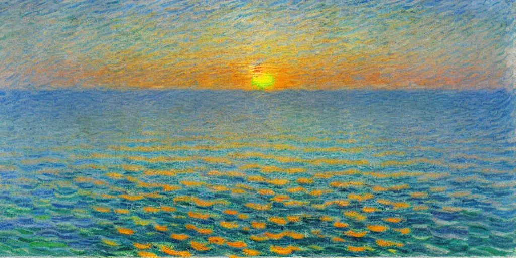 Prompt: An aesthetically pleasing, dynamic, energetic, lively, well-designed digital art of a sunset, beach, ship on horizon, light and shadow, caustics, by Claude Monet, superior quality, masterpiece, excellent use of negative space.