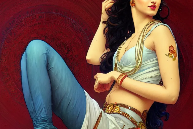 Image similar to sensual pale beautiful indian doctor in jeans, art deco portrait, elegant, intricate, digital painting, artstation, concept art, smooth, sharp focus, illustration, art by artgerm and greg rutkowski and alphonse mucha