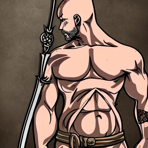 Image similar to muscular bald man, tattooed body, sword in hands, HD, anime style,