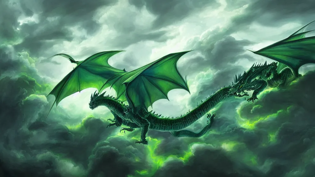 Image similar to surrealist painting of a huge green dragon flying through a stormy cloudy sky, lightning striking all around it, blue and green color scheme, fantasy artwork, award winning, hyper detailed, very very very beautiful, studio lighting, artstation