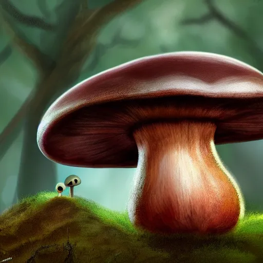 Image similar to photorealistic mushroom creature with big black shiny eyes, lurking in the forest, 8k, digital art, trending on art station