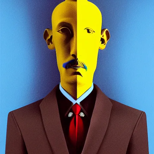 Image similar to ultra realistic portrait ofa man in suit in a studio, ultra detailed, under blue, red and yellow cinematic lighting, salvador dali, cartoon, monument valley, escher