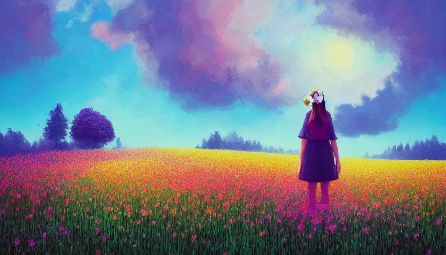 Image similar to girl with a flower face, surreal photography, dream, standing in flower field, hills, big trees, sunrise dramatic light, impressionist painting, colorful clouds, digital painting, pointillism, artstation, simon stalenhag, surreal