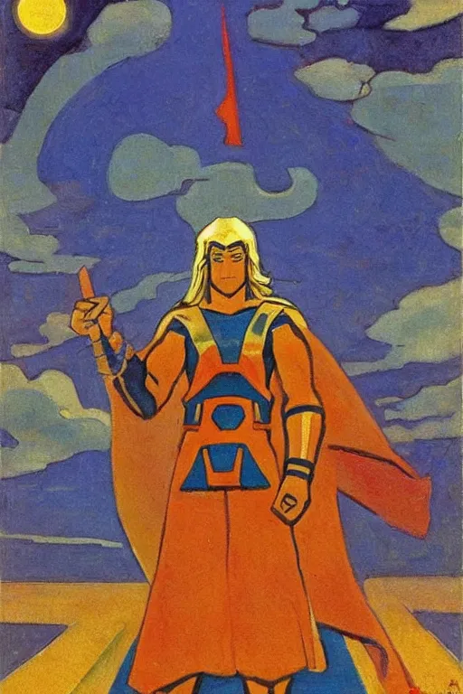 Image similar to thor, marvel, artwork by nicholas roerich,