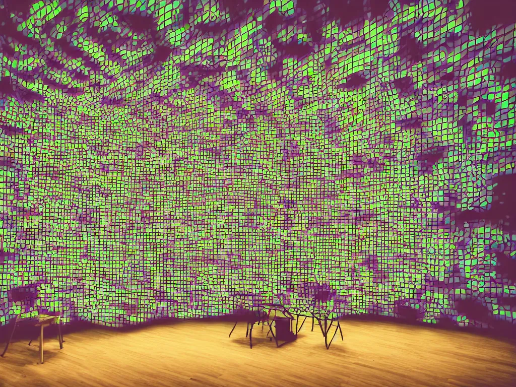 Image similar to room with overlaping screens projecting art, pixel perfect image, high contrast, volumetric lighting, tiny neon light, chair, user, pair of keys