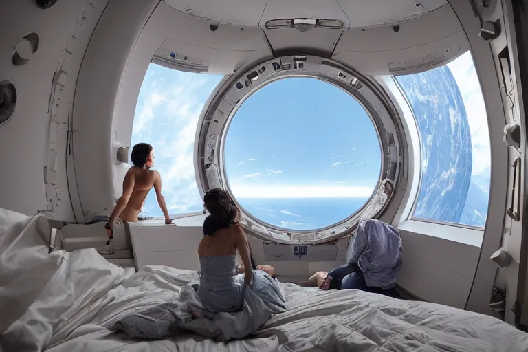 Image similar to sci-fi scene of space tourists in glamourous spaceship bedroom looking out large circular window at earth orbit By Emmanuel Lubezki