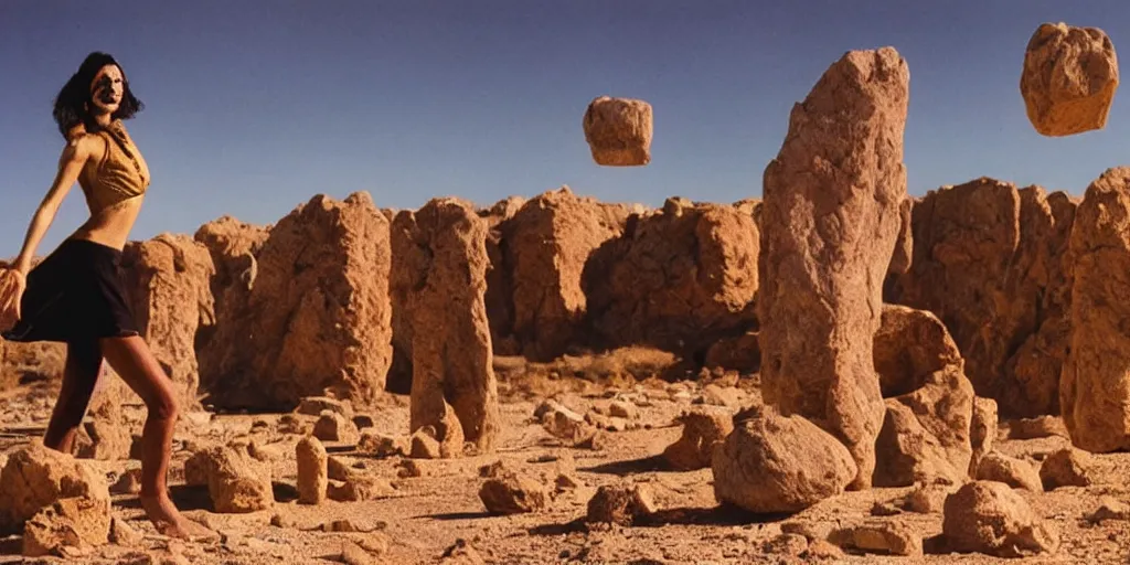 Prompt: levitating woman with full - face golden mask in a dry rocky desert landscape, visible sky and sunny atmosphere, floating rocks, flying rocks and fata morgana and giant square mirrors by alejandro jodorowsky, anamorphic lens, kodakchrome, practical effects, masterpiece, 8 k