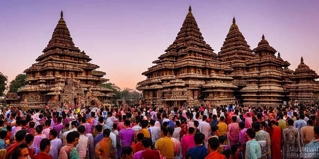 Prompt: an award winning wide angle photo of a giant and intricately carved stone Ghanesha temple, at sunset, punja ritual, crowds of humble worshipers present offerings, beautiful, inspiring