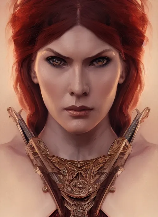 Image similar to symmetry!! red sonja, machine parts embedded into face, intricate, elegant, highly detailed, digital painting, artstation, concept art, smooth, sharp focus, illustration, art by artgerm and greg rutkowski and alphonse mucha, 8 k