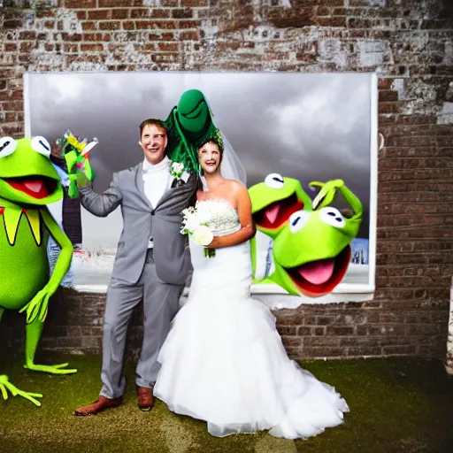 Prompt: Kermit thr Frog photobombing wedding photos