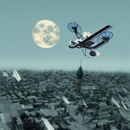 Prompt: full moon, travel upwards, flying, figurines, dreams, thoughts, travel, biplane, jets, tilt shift, physical, style of 3 d, occlusion, white clay, style of dave mckean, style of shuzo oshimi, style of will eisner, full of color, on white, smooth, thin sharp lines, detailed, octane render