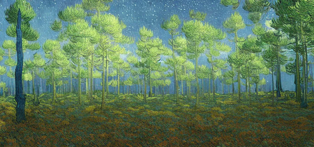 Prompt: “ ethereal, a pine forest growing on water surface, background of flowery hill, bokeh, beautiful shadows, soft, dreamy, beach sand viable in corner, realistic oil painting by van gogh, gustave dore, volumetric lighting, concept art. ”