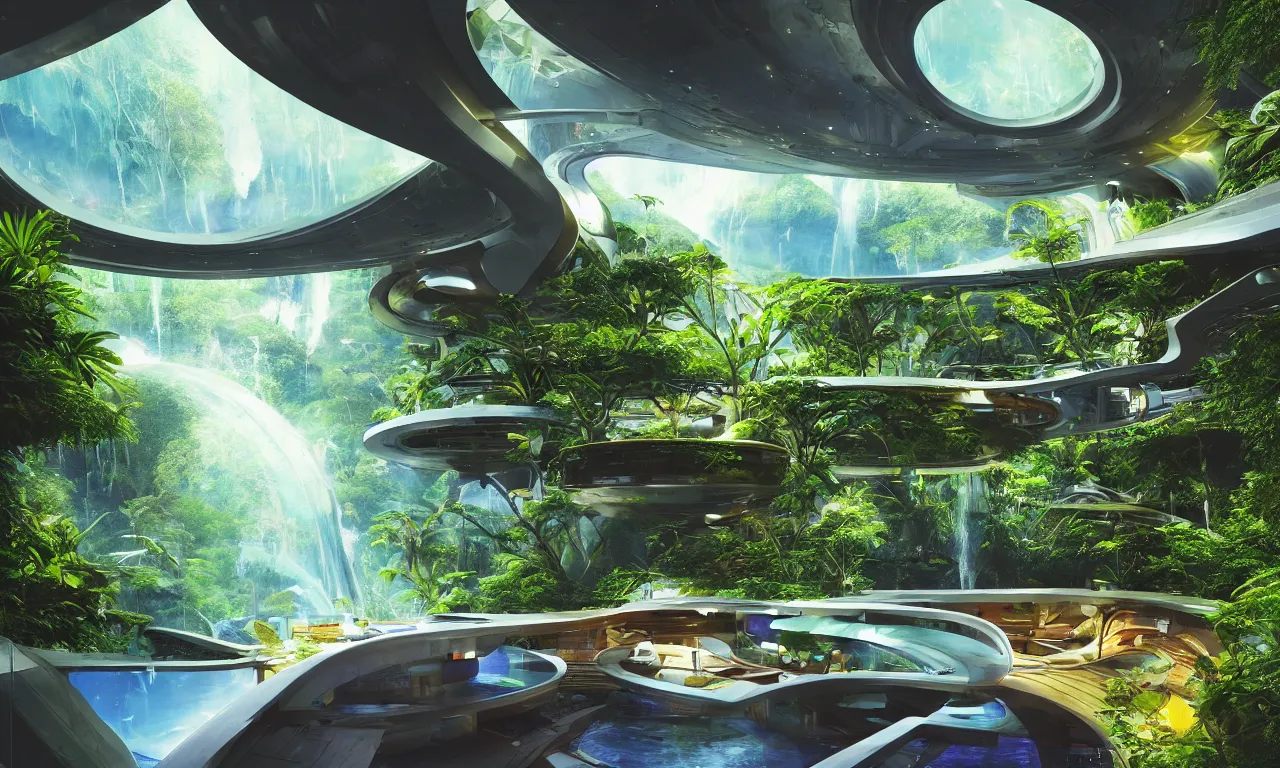 Prompt: interior shot of paradise inside of a spaceship for humans in deep space, futuristic comfortable wooden homes and walkways, celestial objects in the background, spaceship containing every tool for survival, humans creating art in the metaverse, beautiful housing, natural, green plants, water features, waterfalls, epic cinematic composition, vibrant colors, colorful vivid lighting, fine details, hyperrealism, photograph